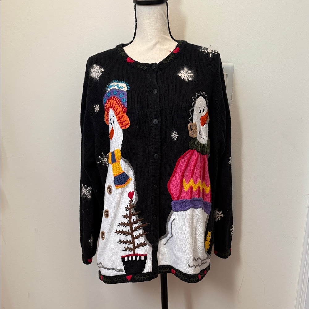 Quacker Factory Black Snowman Cardigan
